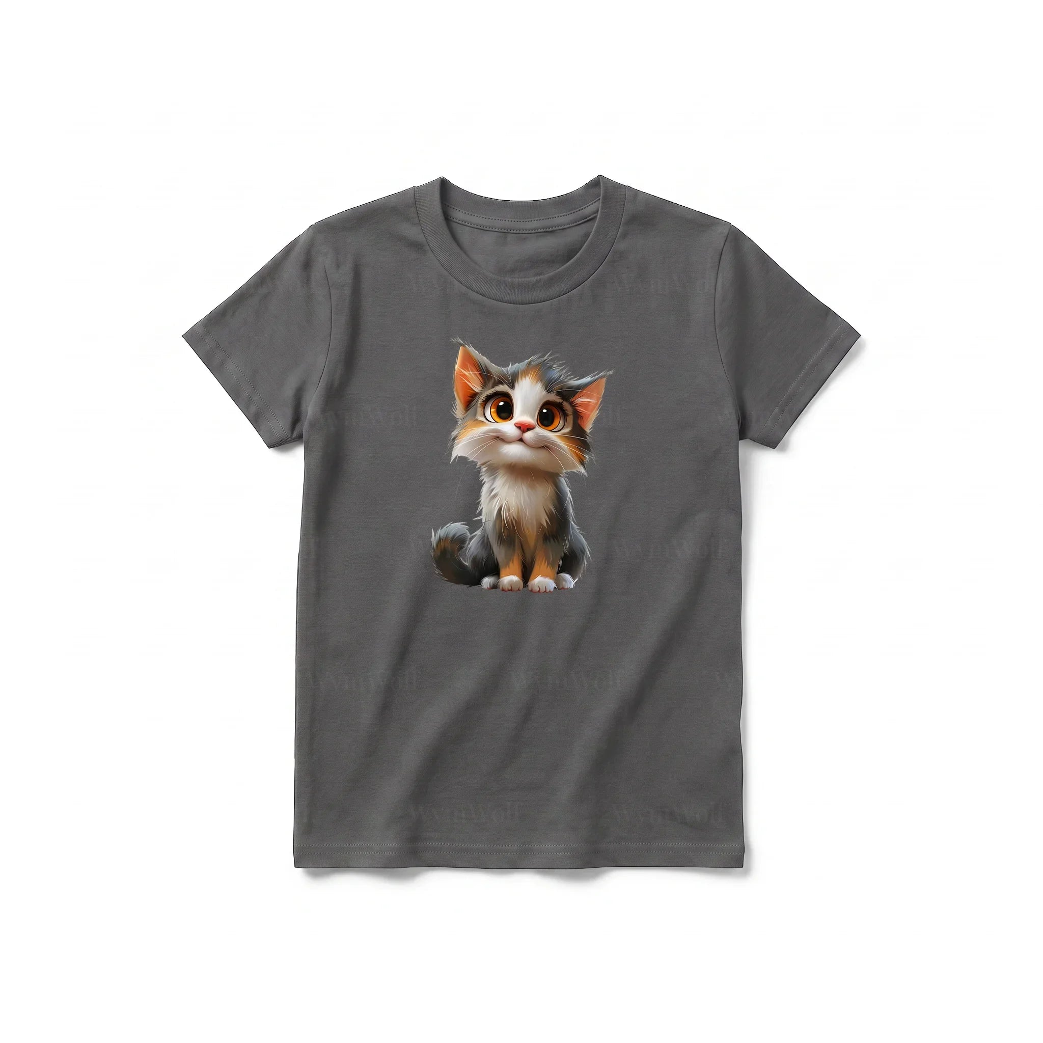 Un T-shirt charbon à manches courtes et col rond pour jeune, orné d'un motif représentant un chat sur le devant.