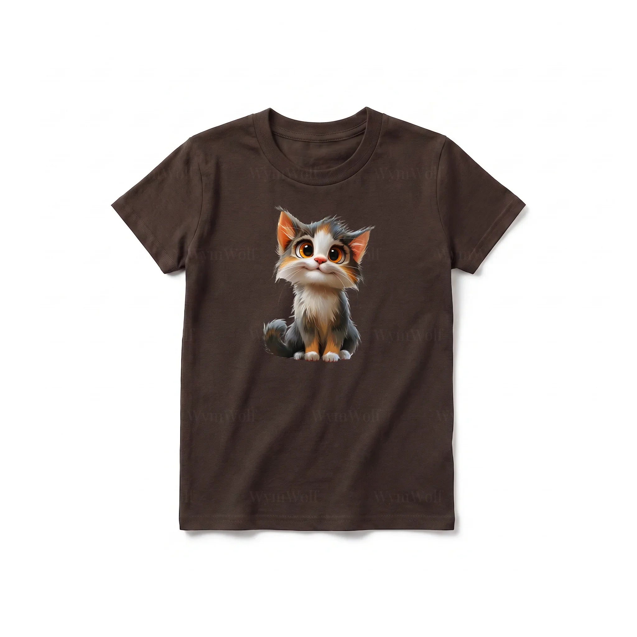 Un T-shirt chocolat à manches courtes et col rond pour jeune, orné d'un motif représentant un chat sur le devant.