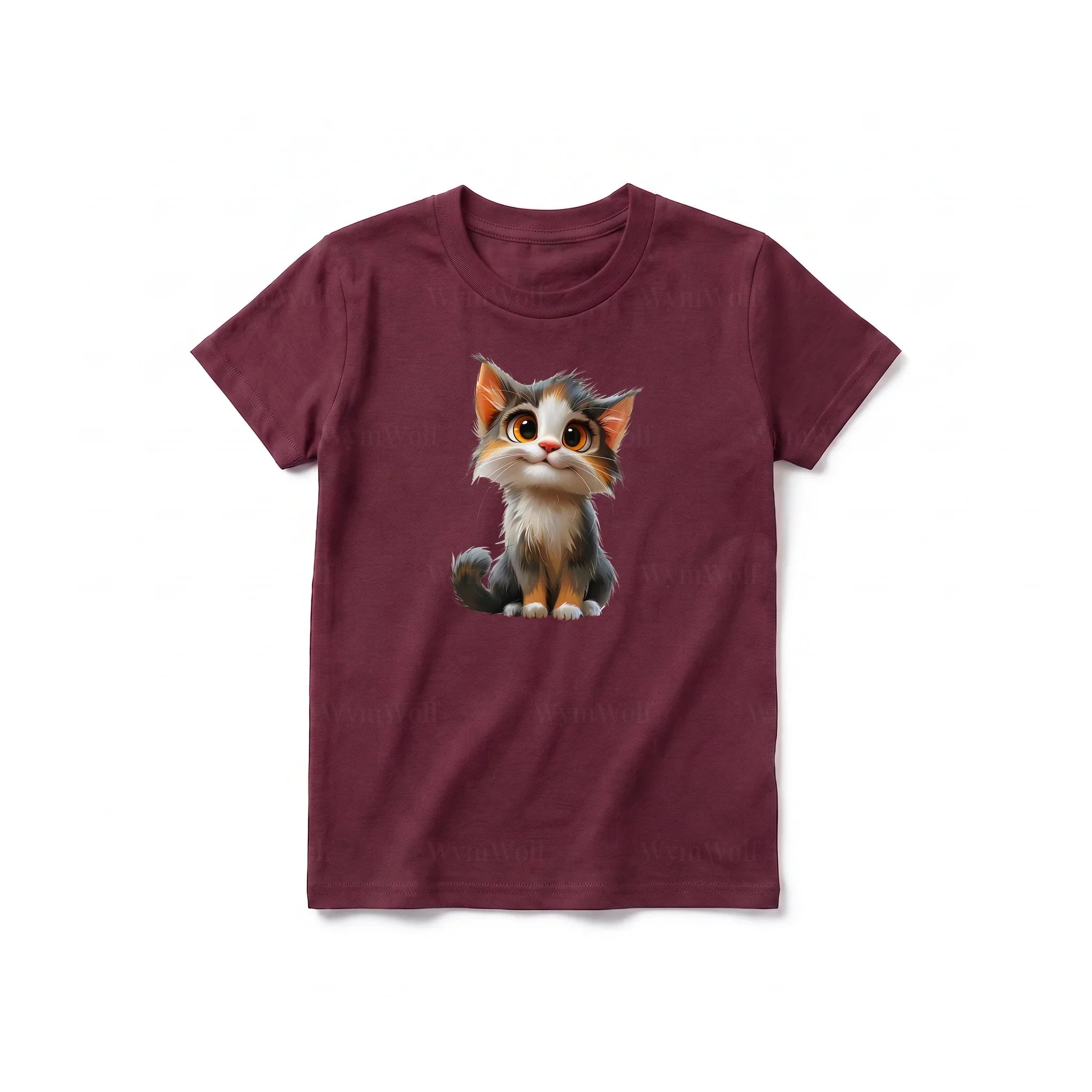 Un T-shirt marron à manches courtes et col rond pour jeune, orné d'un motif représentant un chat sur le devant.