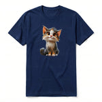 A navy short-sleeve crewneck t-shirt for adult featuring a graphic of a cat on the front.