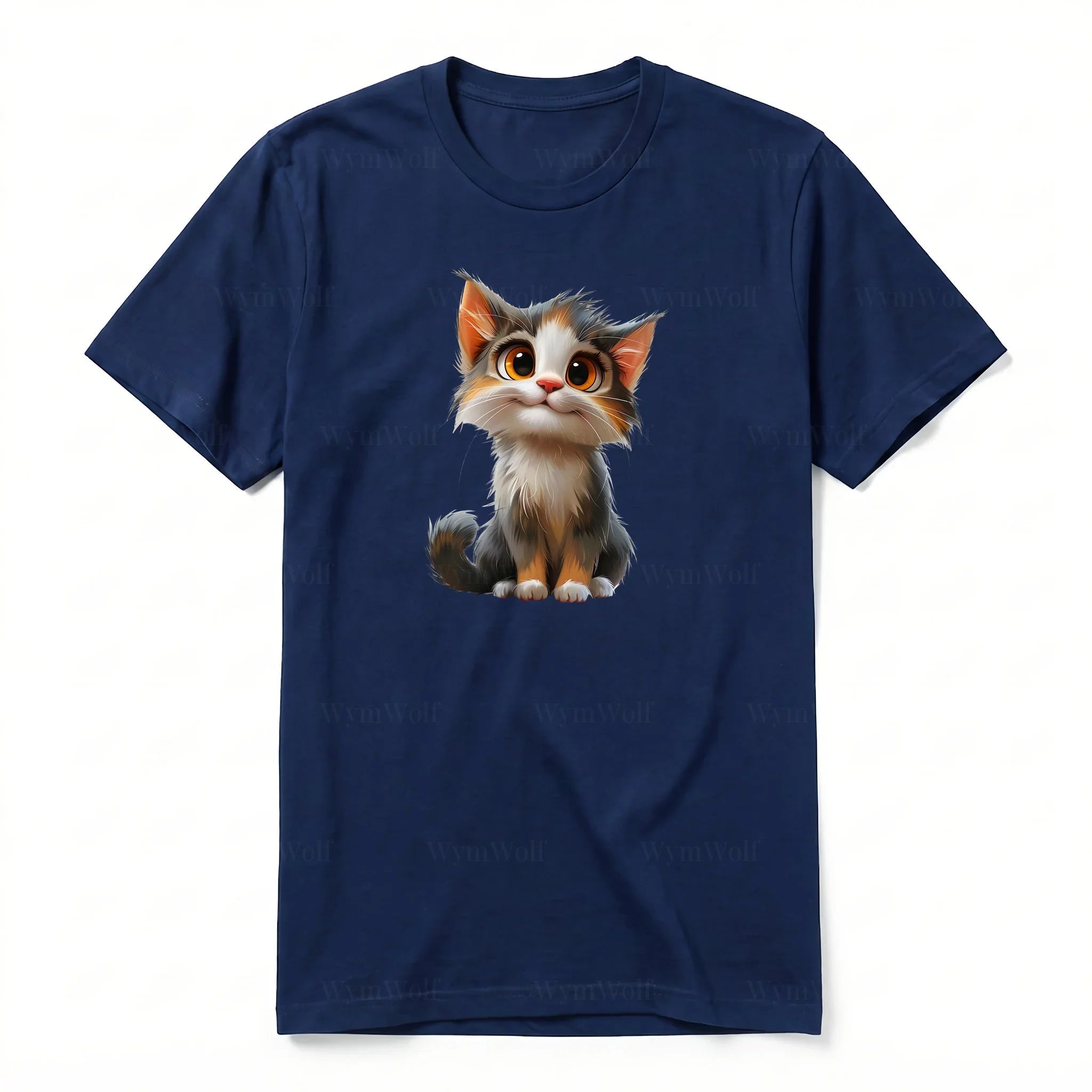 A navy short-sleeve crewneck t-shirt for adult featuring a graphic of a cat on the front.
