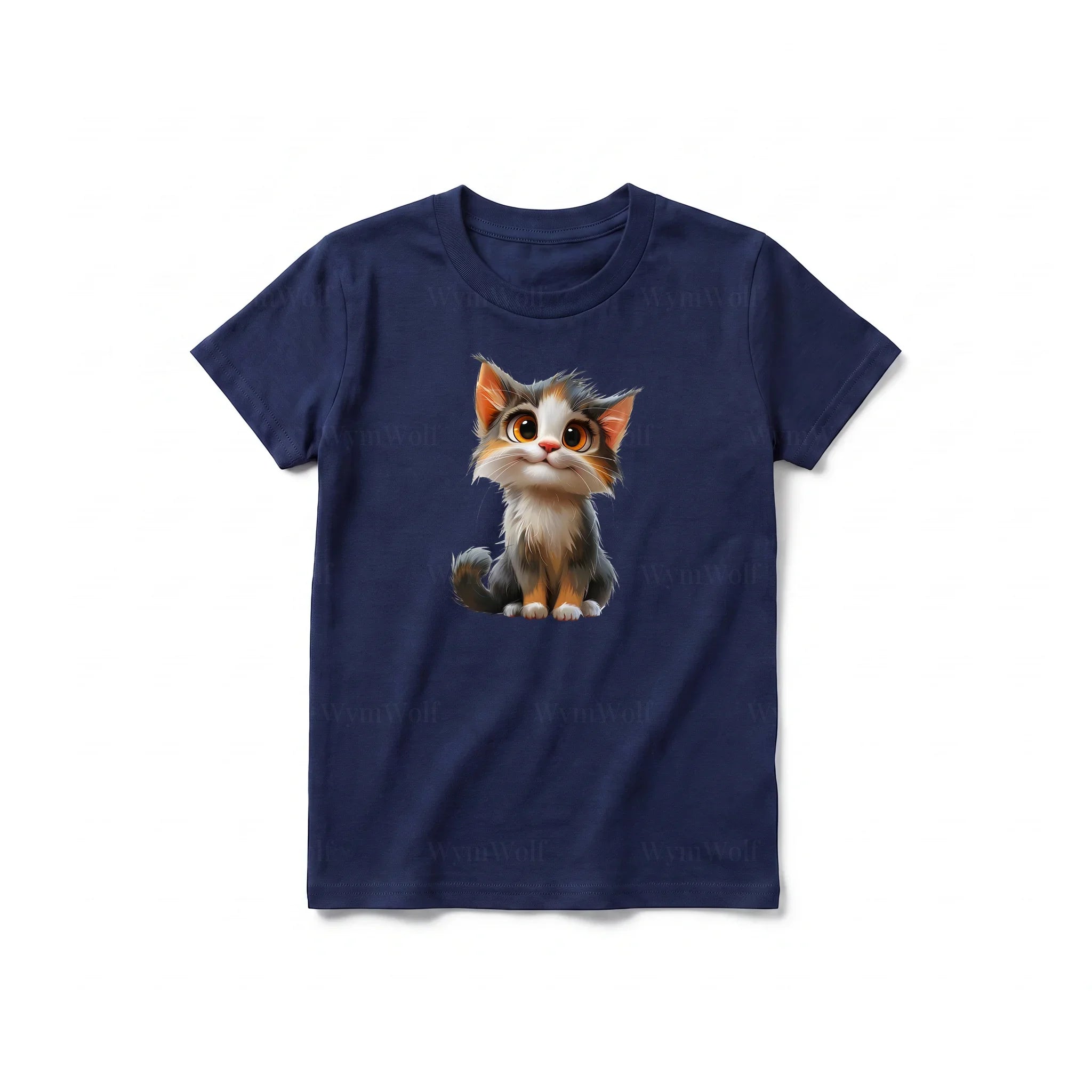 A navy short-sleeve crewneck t-shirt for youth featuring a graphic of a cat on the front.