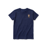 A navy short-sleeve crewneck t-shirt for youth featuring a graphic of a cat on the left chest.