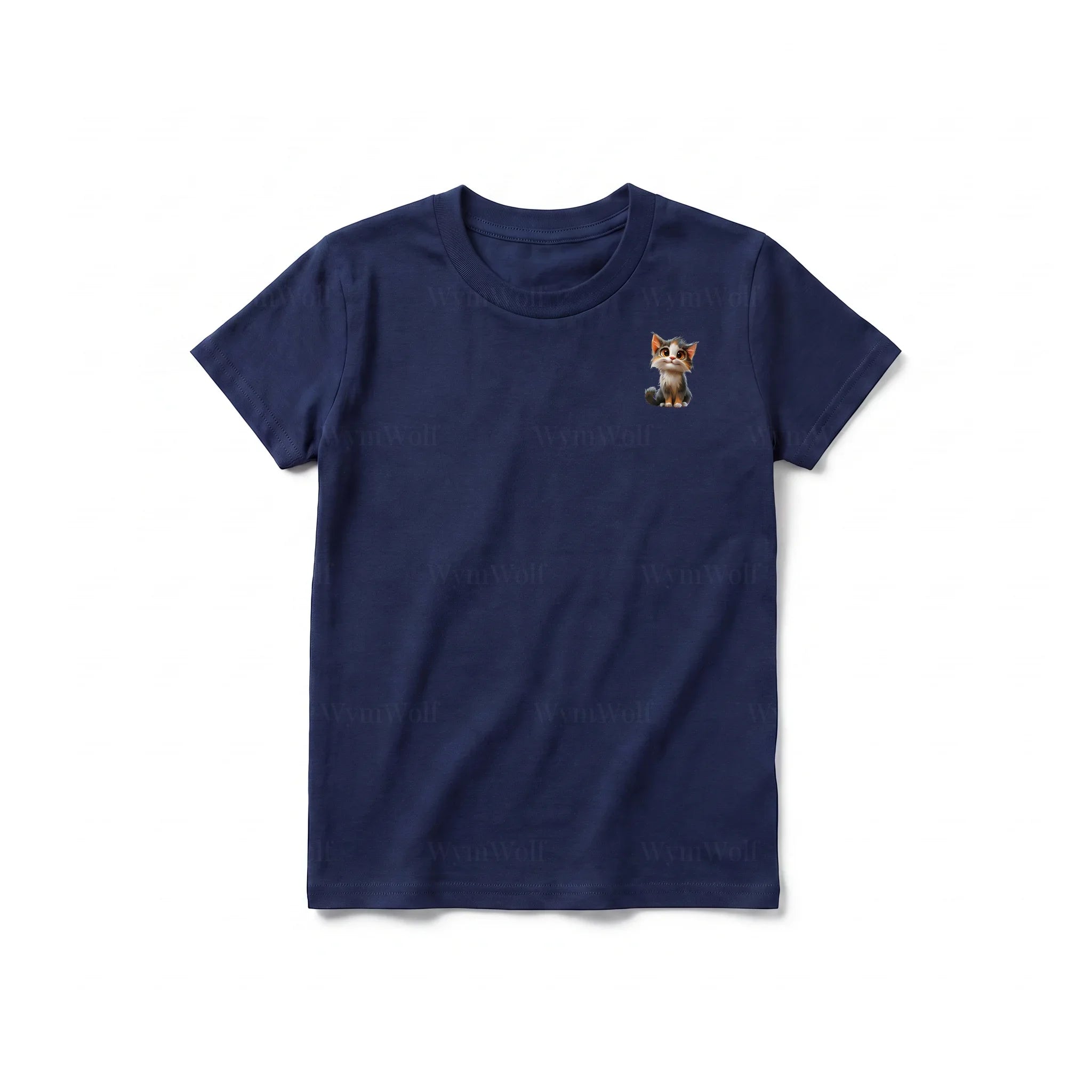 A navy short-sleeve crewneck t-shirt for youth featuring a graphic of a cat on the left chest.