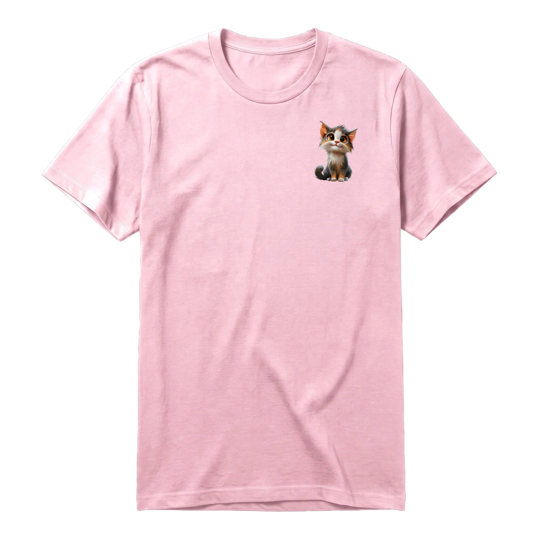 Un T-shirt rose à manches courtes et col rond, orné d'un motif représentant un chat sur la poitrine gauche.