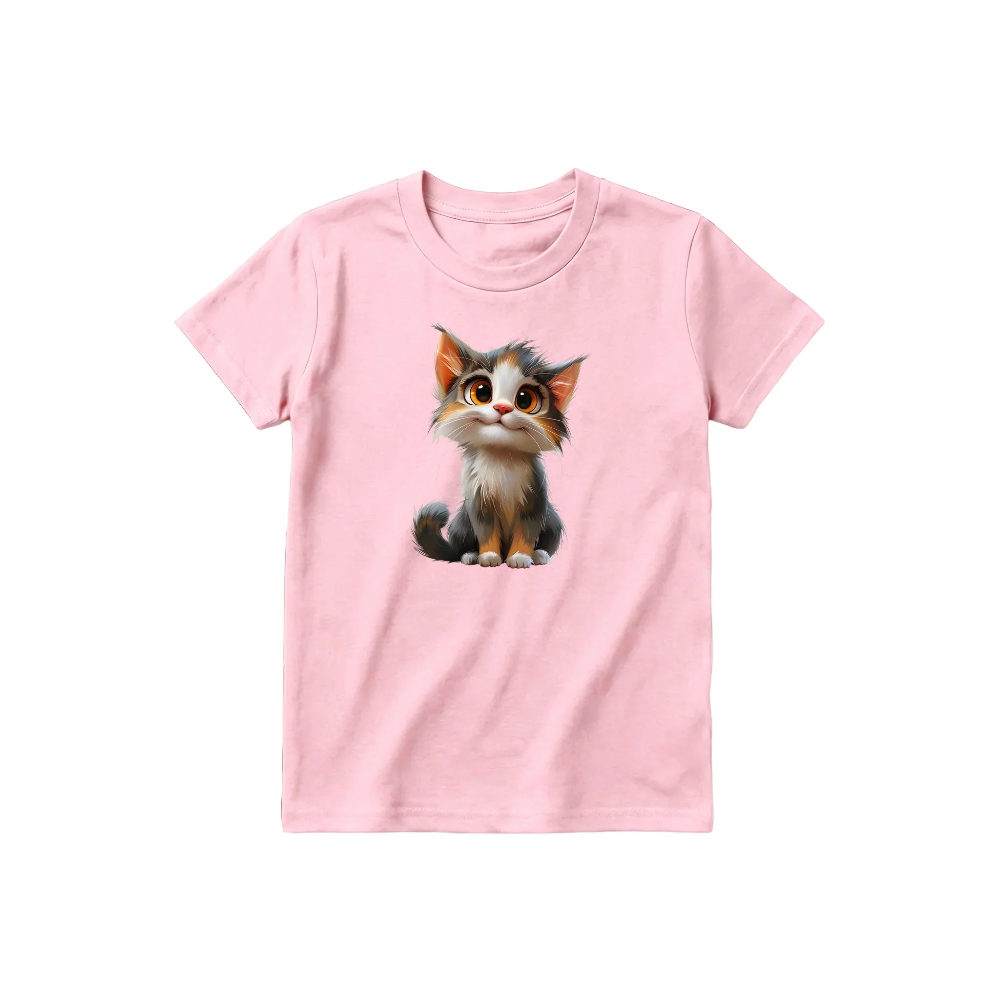Un T-shirt rose à manches courtes et col rond pour jeune, orné d'un motif représentant un chat sur le devant.