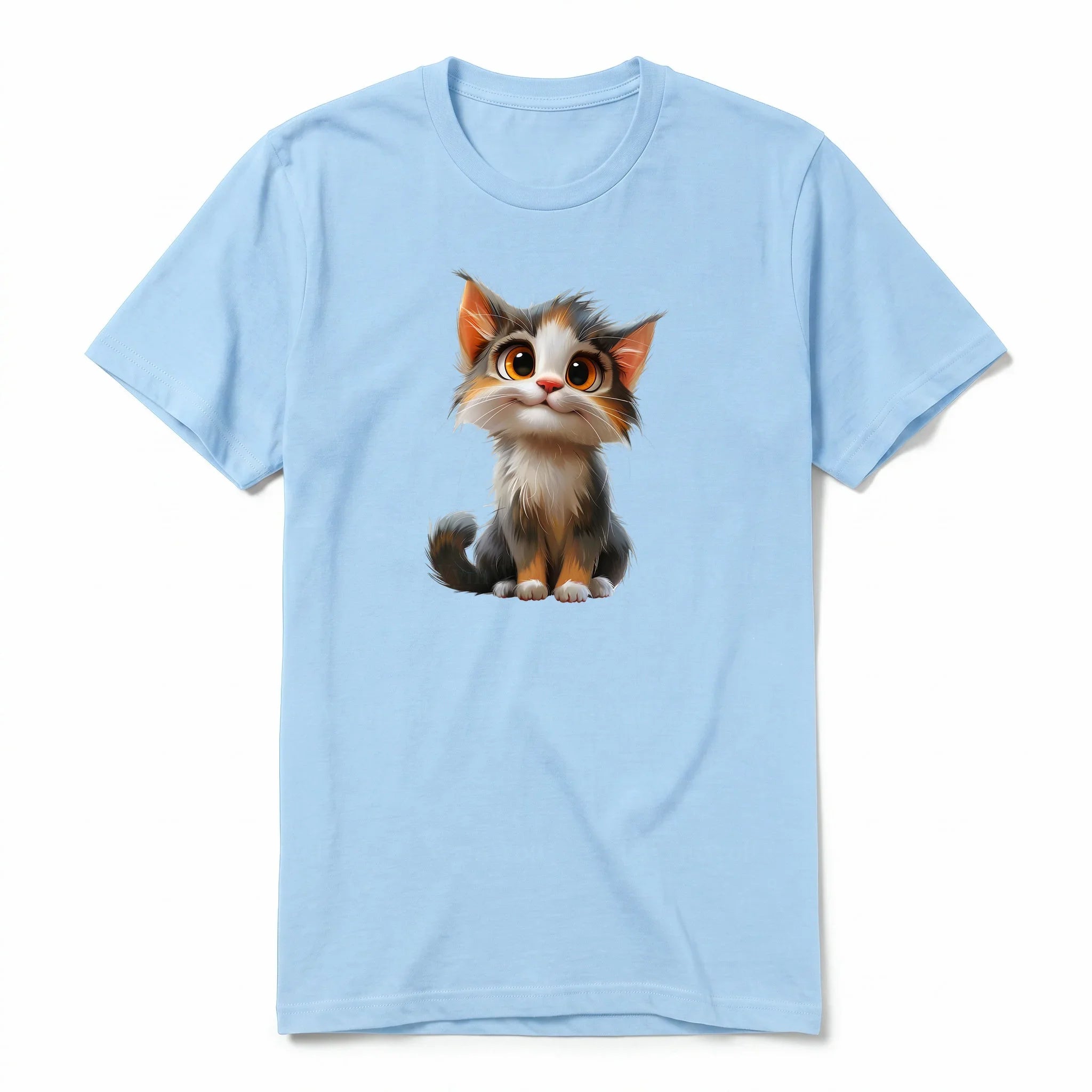 Un T-shirt poudre à manches courtes et col rond, orné d'un motif représentant un chat sur le devant.