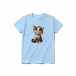 Un T-shirt poudre à manches courtes et col rond pour jeune, orné d'un motif représentant un chat sur le devant.