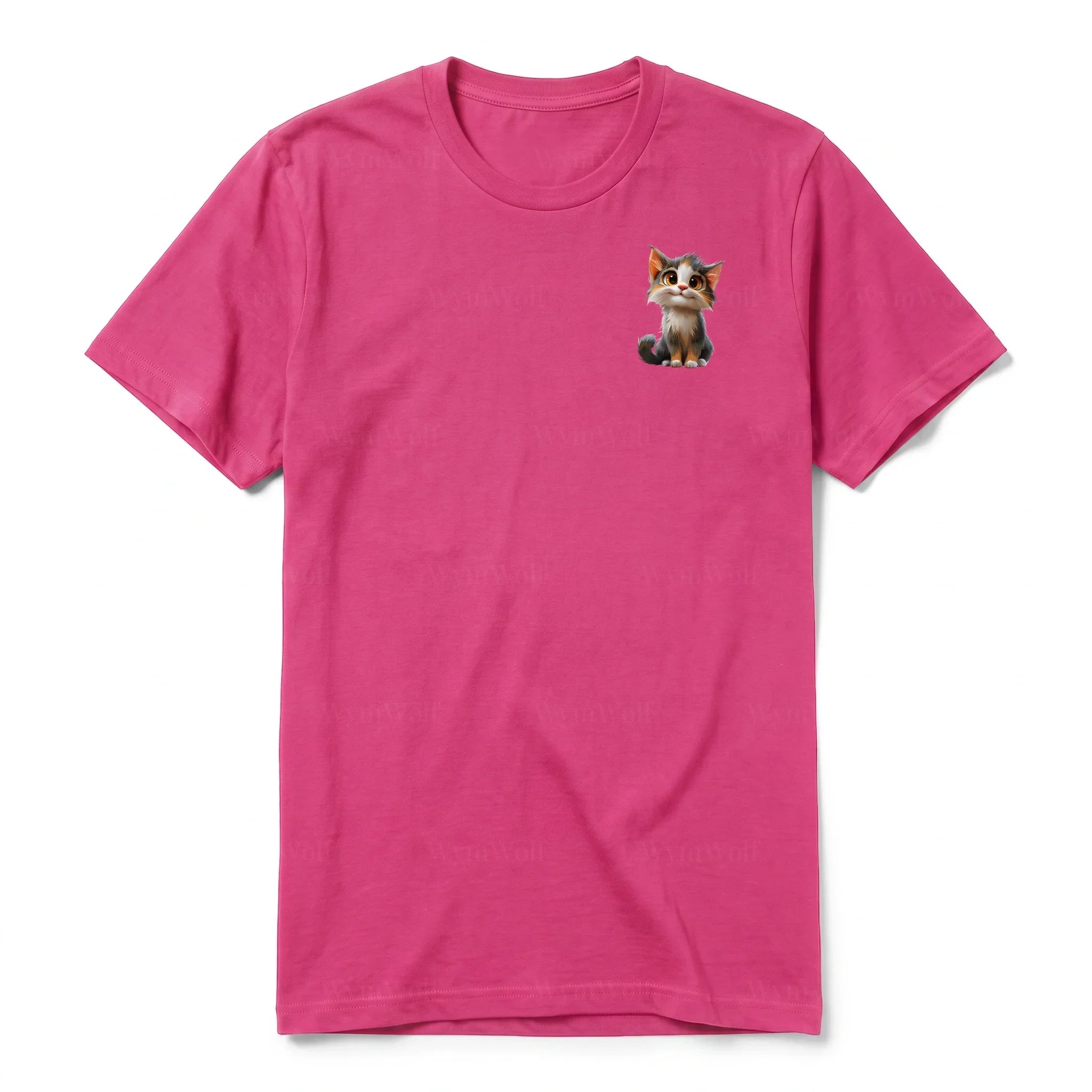 A raspberry short-sleeve crewneck t-shirt for adult featuring a graphic of a cat on the left chest.
