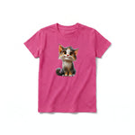 A raspberry short-sleeve crewneck t-shirt for youth featuring a graphic of a cat on the front.