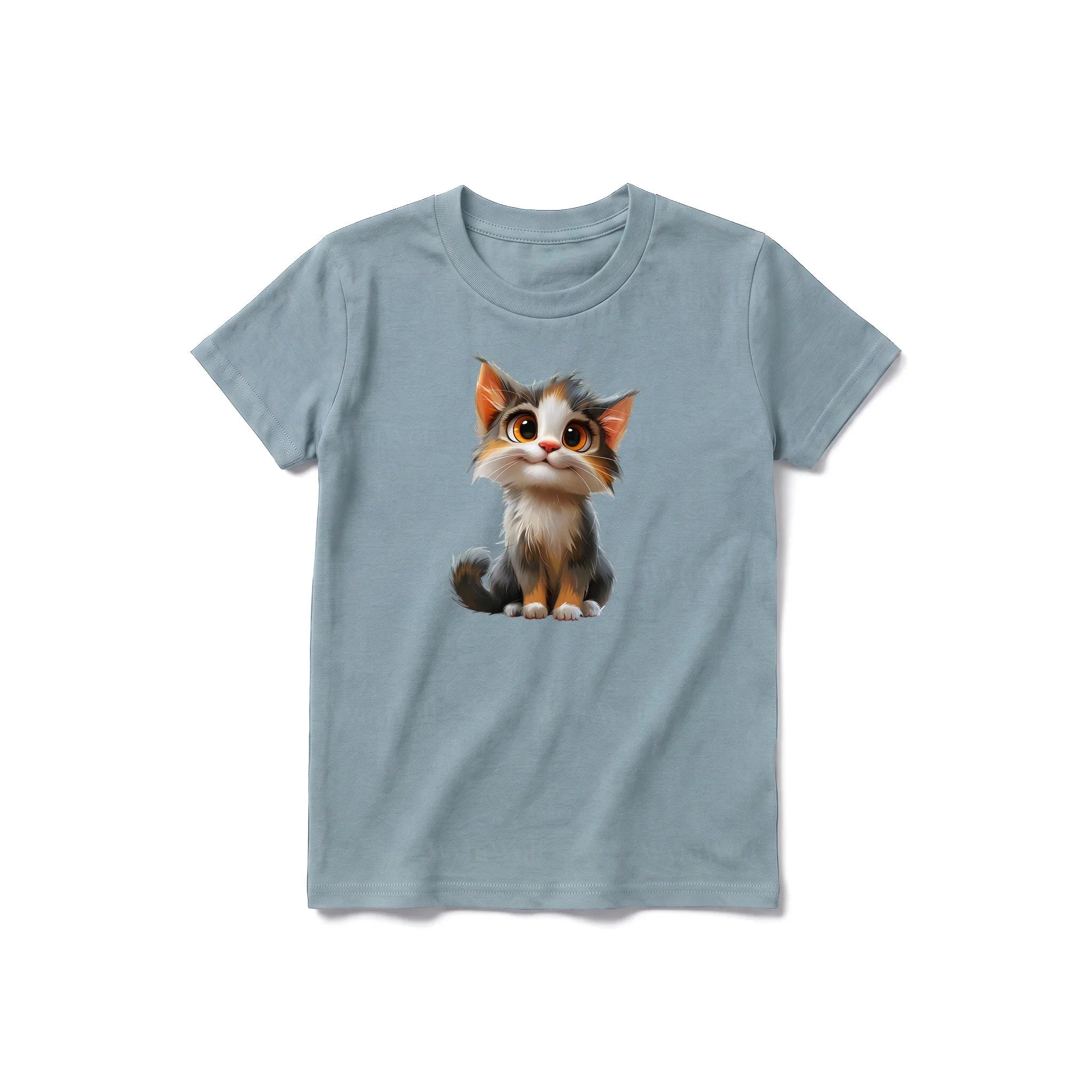 Un T-shirt sauge à manches courtes et col rond pour jeune, orné d'un motif représentant un chat sur le devant.