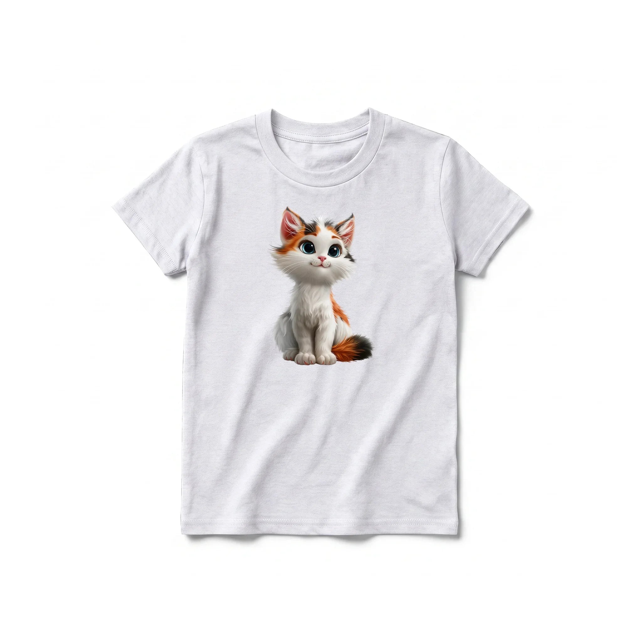 A ash grey short-sleeve crewneck t-shirt for youth featuring a graphic of a cat on the front.