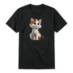A black short-sleeve crewneck t-shirt for adult featuring a graphic of a cat on the front.