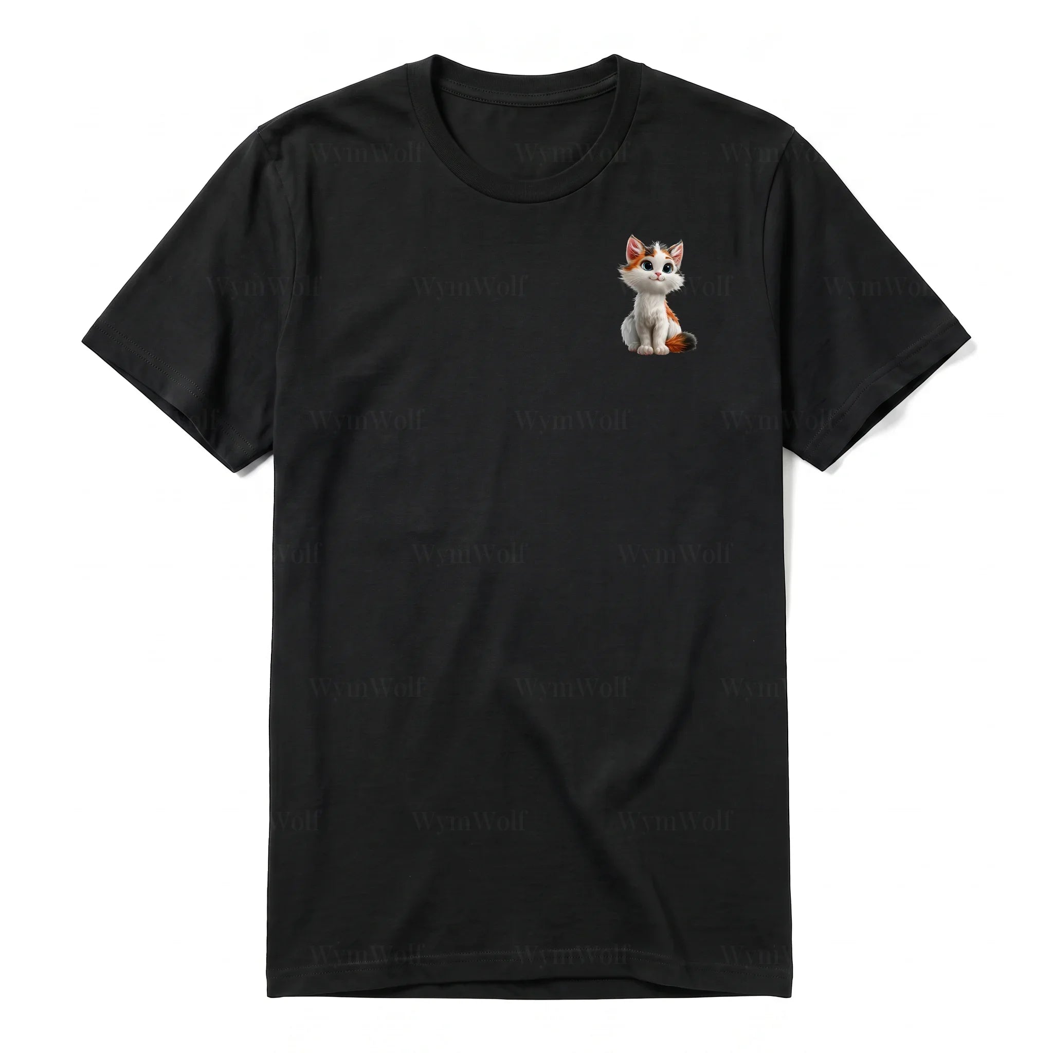 A black short-sleeve crewneck t-shirt for adult featuring a graphic of a cat on the left chest.