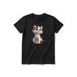 A black short-sleeve crewneck t-shirt for youth featuring a graphic of a cat on the front.