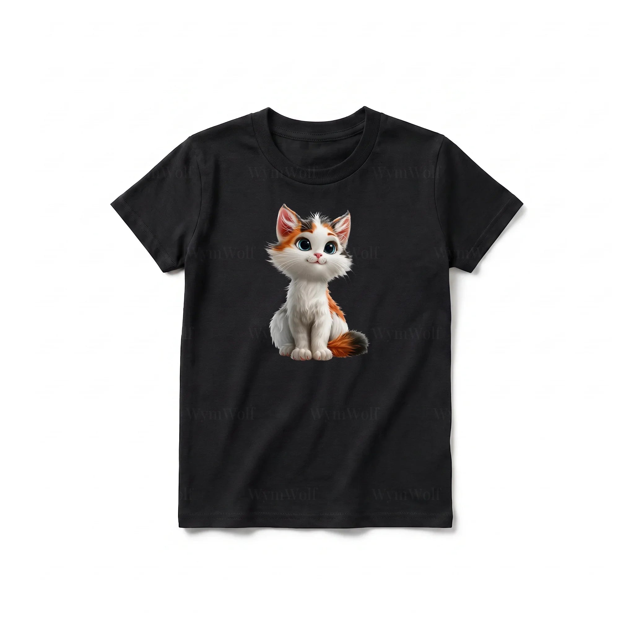 A black short-sleeve crewneck t-shirt for youth featuring a graphic of a cat on the front.