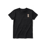 A black short-sleeve crewneck t-shirt for youth featuring a graphic of a cat on the left chest.