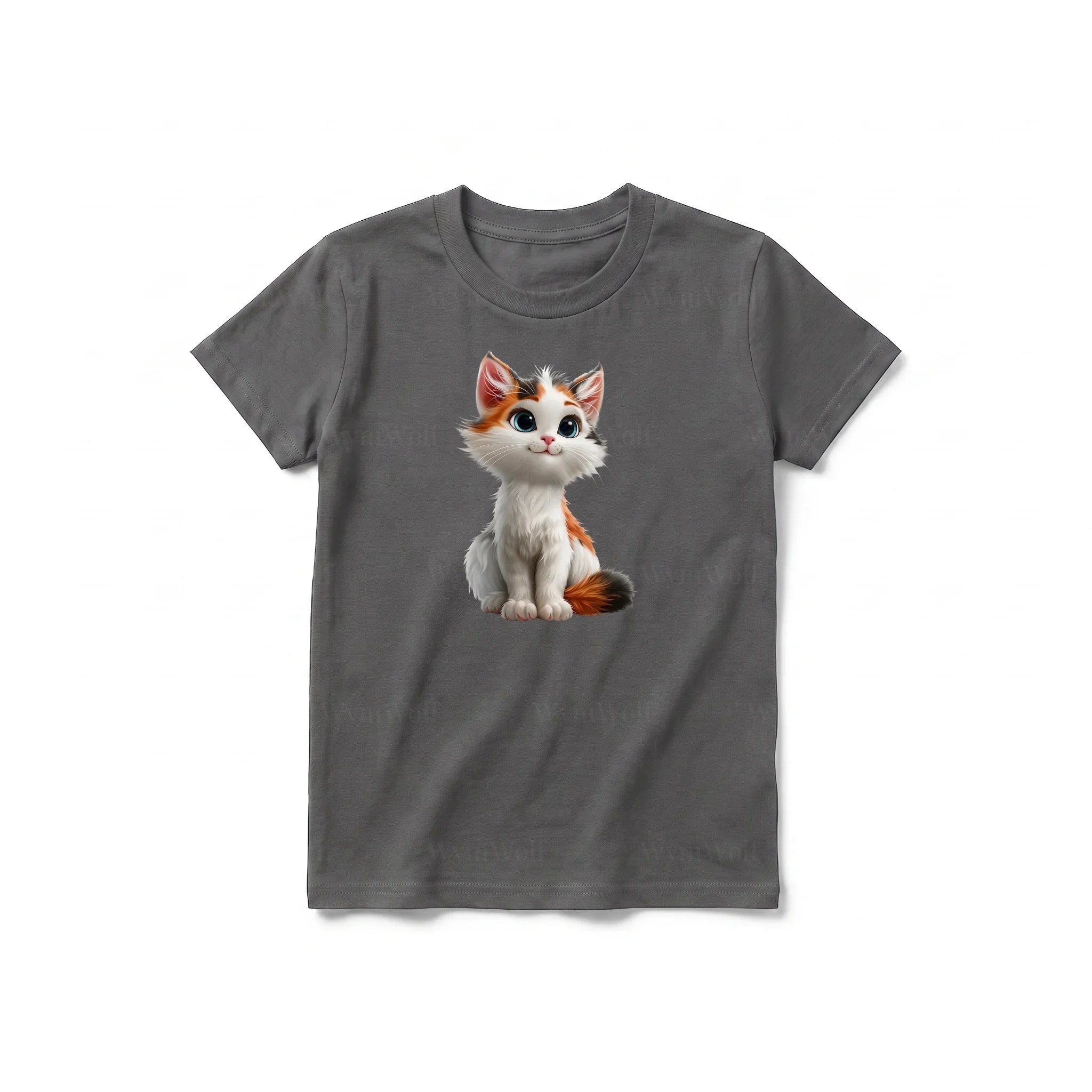 Un T-shirt charbon à manches courtes et col rond pour jeune, orné d'un motif représentant un chat sur le devant.