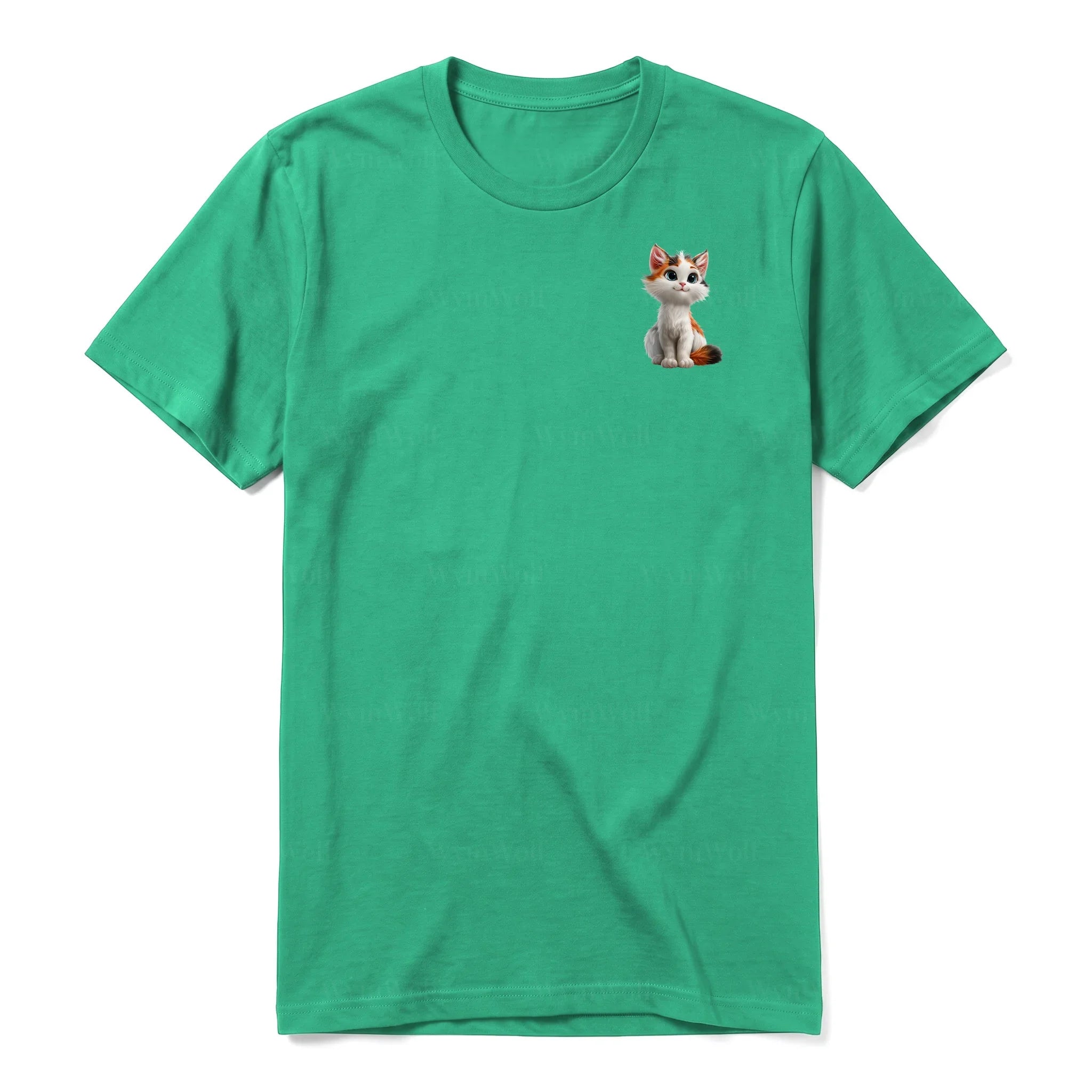 Un T-shirt kelly à manches courtes et col rond, orné d'un motif représentant un chat sur la poitrine gauche.