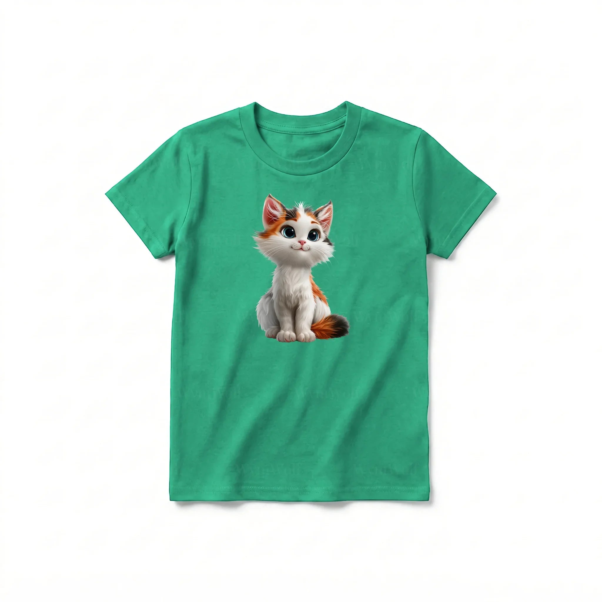 Un T-shirt kelly à manches courtes et col rond pour jeune, orné d'un motif représentant un chat sur le devant.