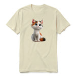 A latte short-sleeve crewneck t-shirt for adult featuring a graphic of a cat on the front.