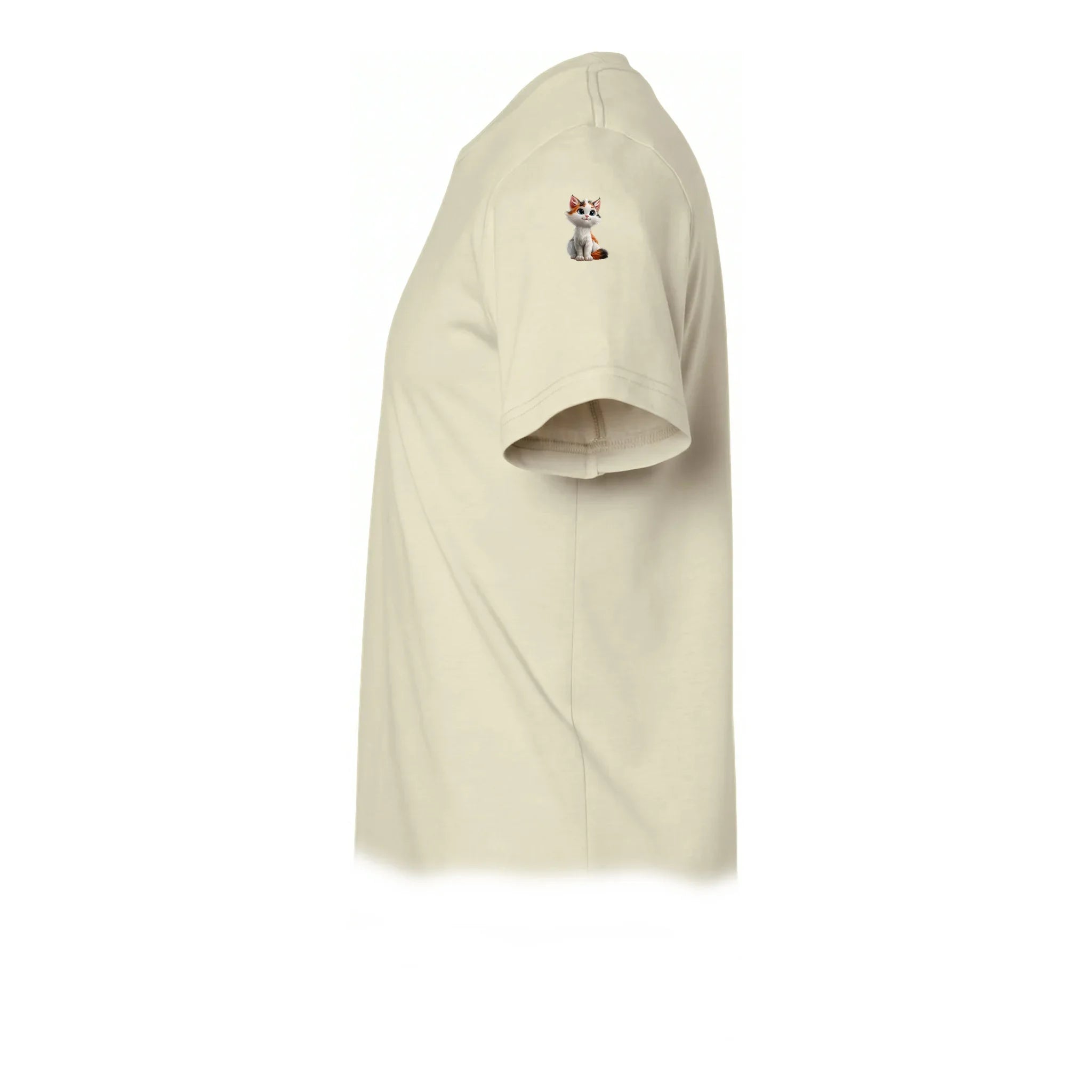 A latte short-sleeve crewneck t-shirt  featuring a small graphic of a cat on the upper left sleeve.