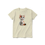A latte short-sleeve crewneck t-shirt for youth featuring a graphic of a cat on the front.