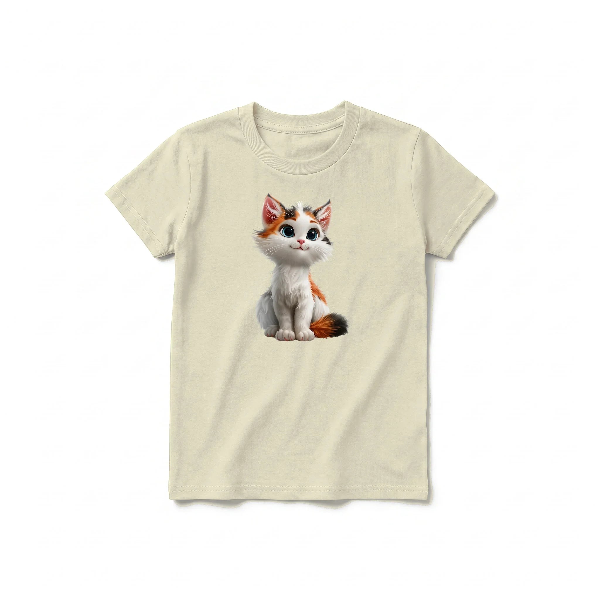 A latte short-sleeve crewneck t-shirt for youth featuring a graphic of a cat on the front.