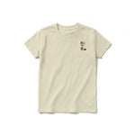A latte short-sleeve crewneck t-shirt for youth featuring a graphic of a cat on the left chest.