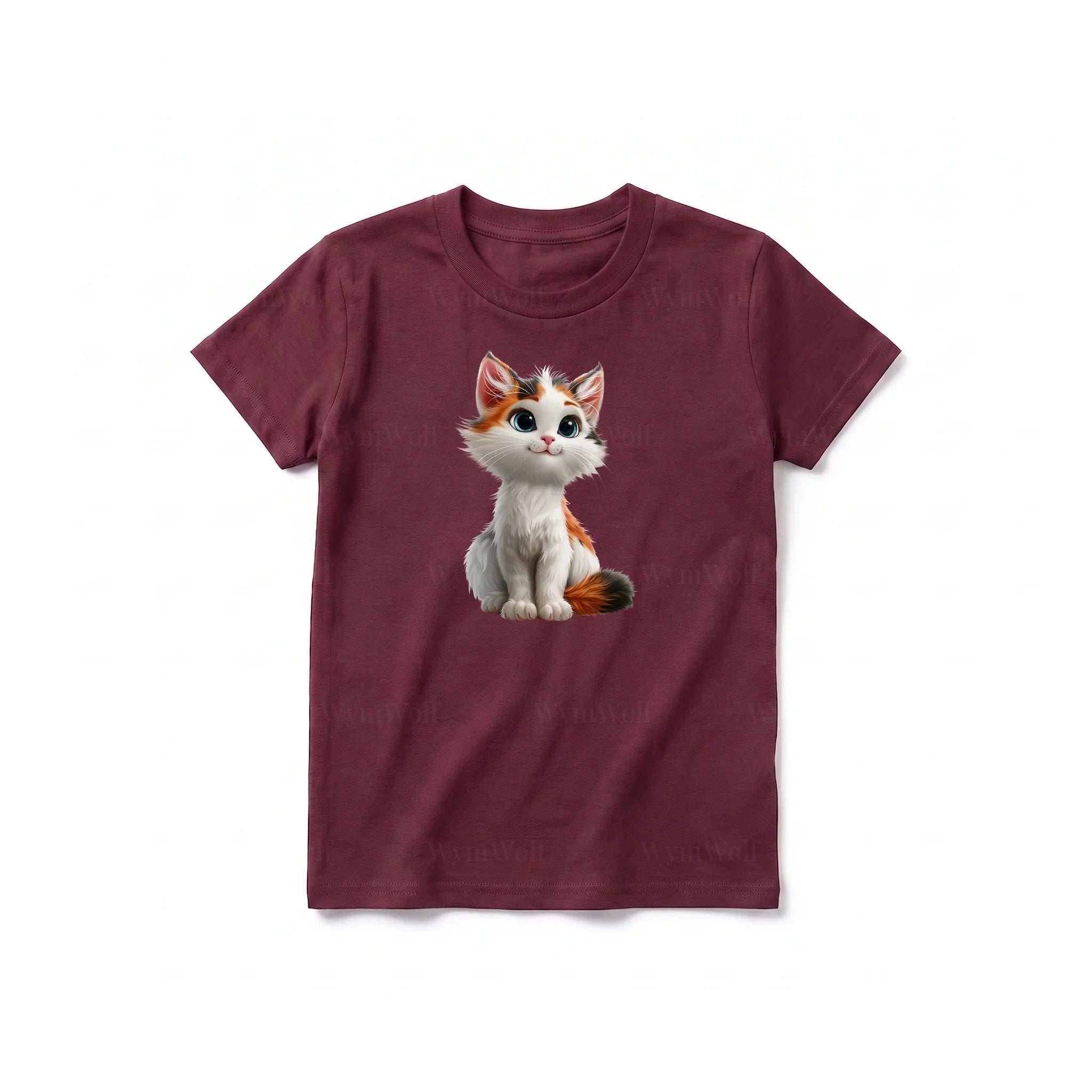 Un T-shirt marron à manches courtes et col rond pour jeune, orné d'un motif représentant un chat sur le devant.