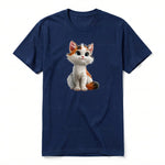 A navy short-sleeve crewneck t-shirt for adult featuring a graphic of a cat on the front.