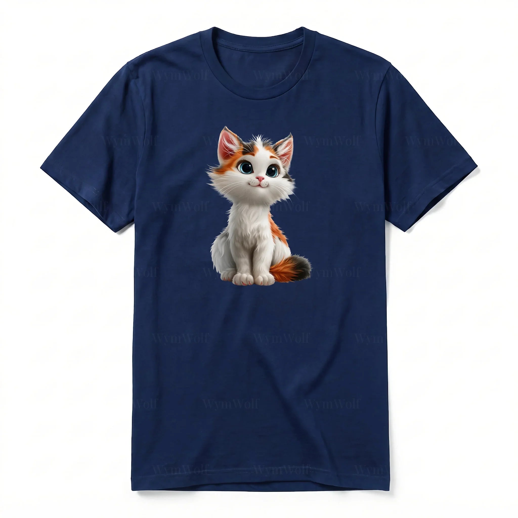 A navy short-sleeve crewneck t-shirt for adult featuring a graphic of a cat on the front.