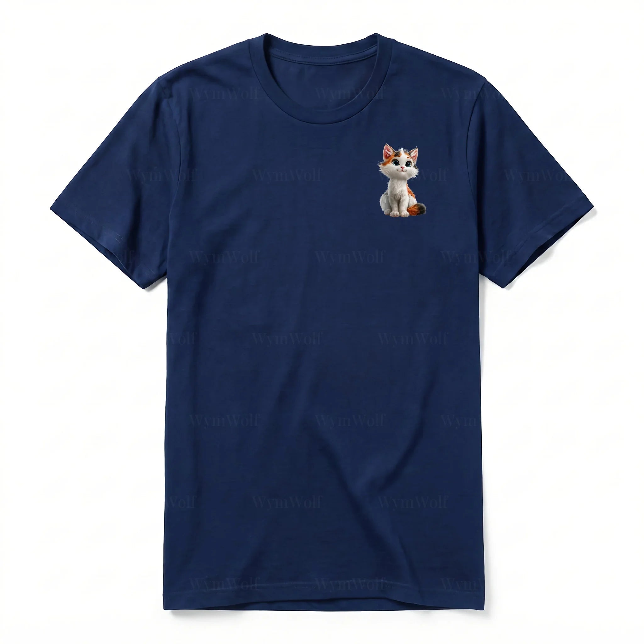 A navy short-sleeve crewneck t-shirt for adult featuring a graphic of a cat on the left chest.