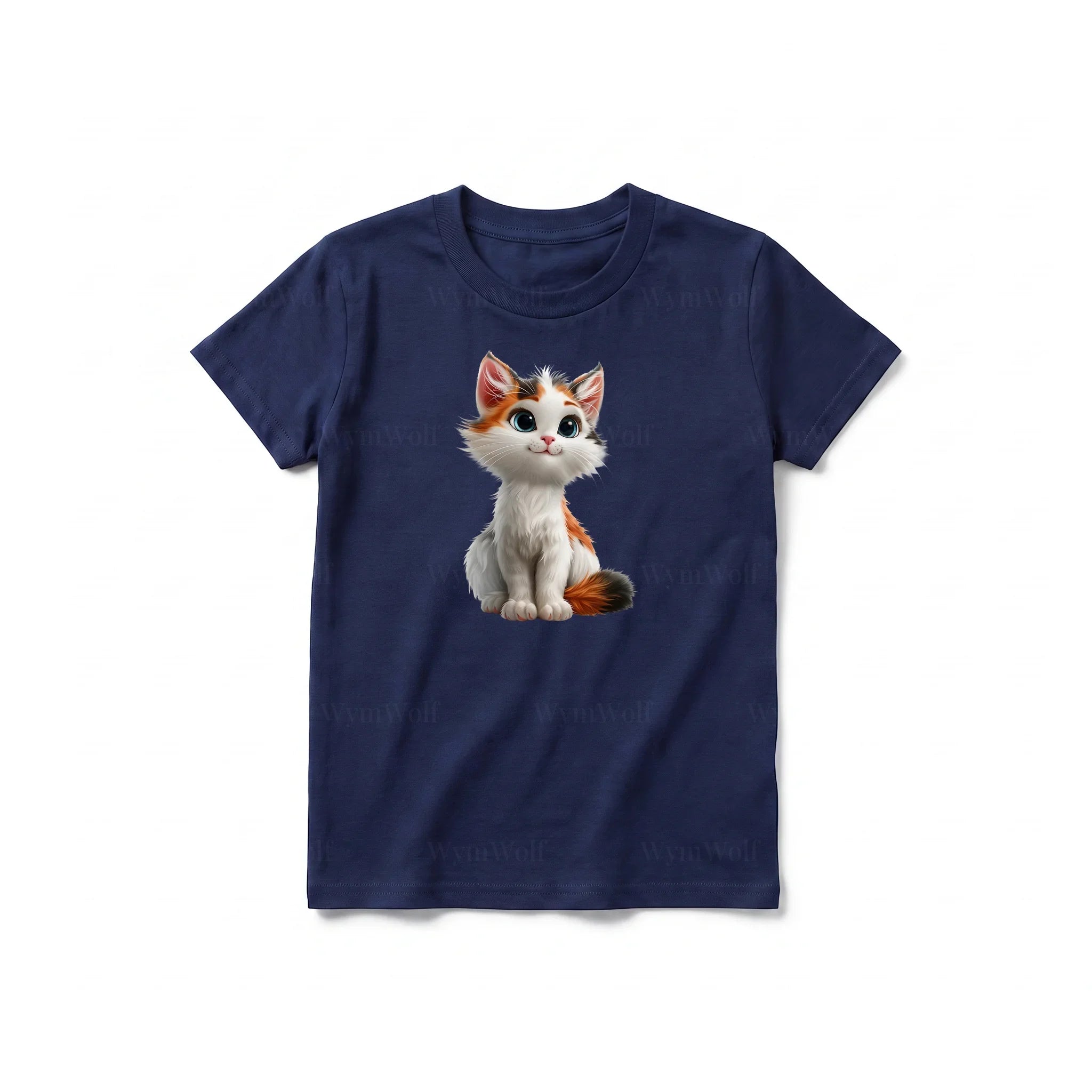 A navy short-sleeve crewneck t-shirt for youth featuring a graphic of a cat on the front.
