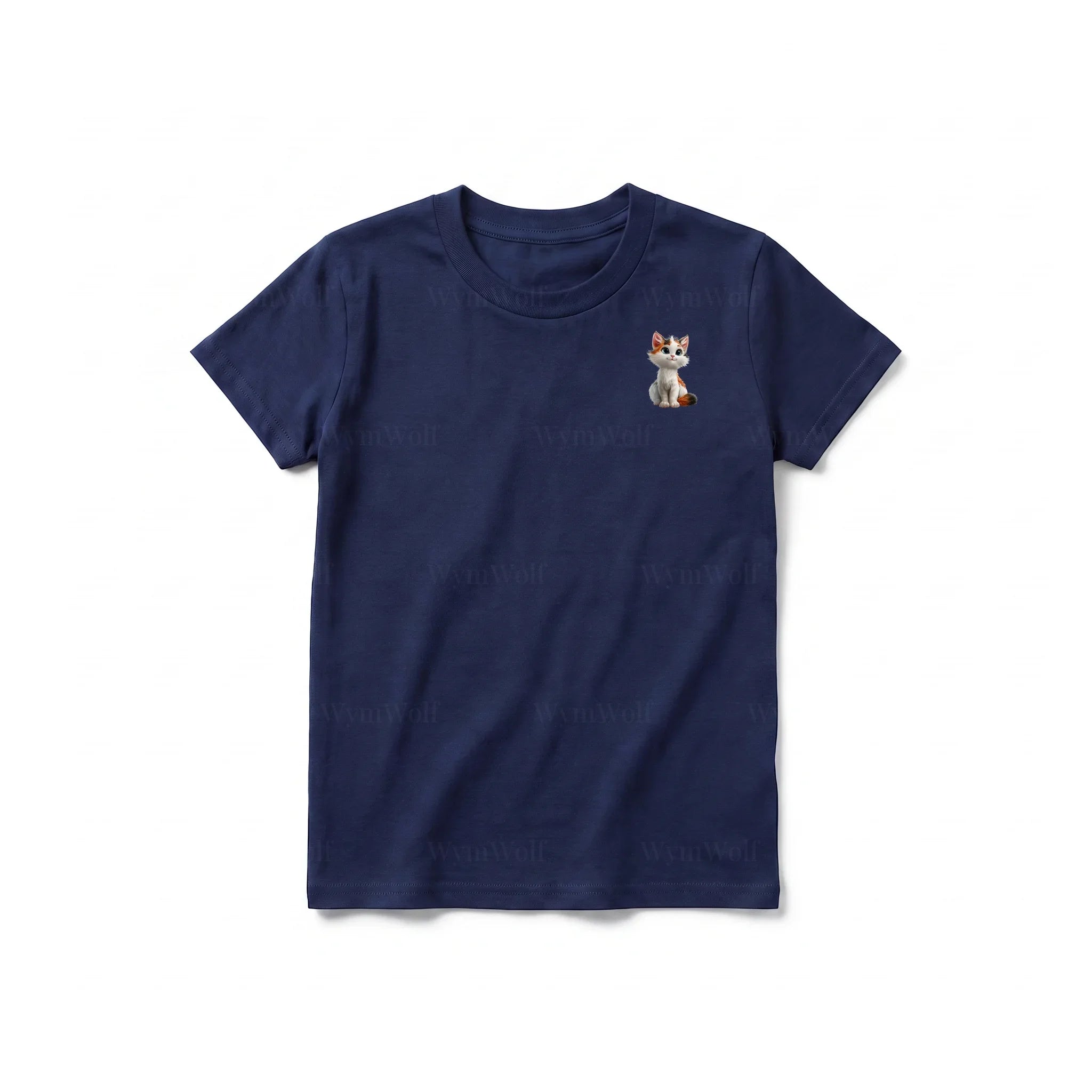 A navy short-sleeve crewneck t-shirt for youth featuring a graphic of a cat on the left chest.