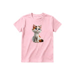 Un T-shirt rose à manches courtes et col rond pour jeune, orné d'un motif représentant un chat sur le devant.