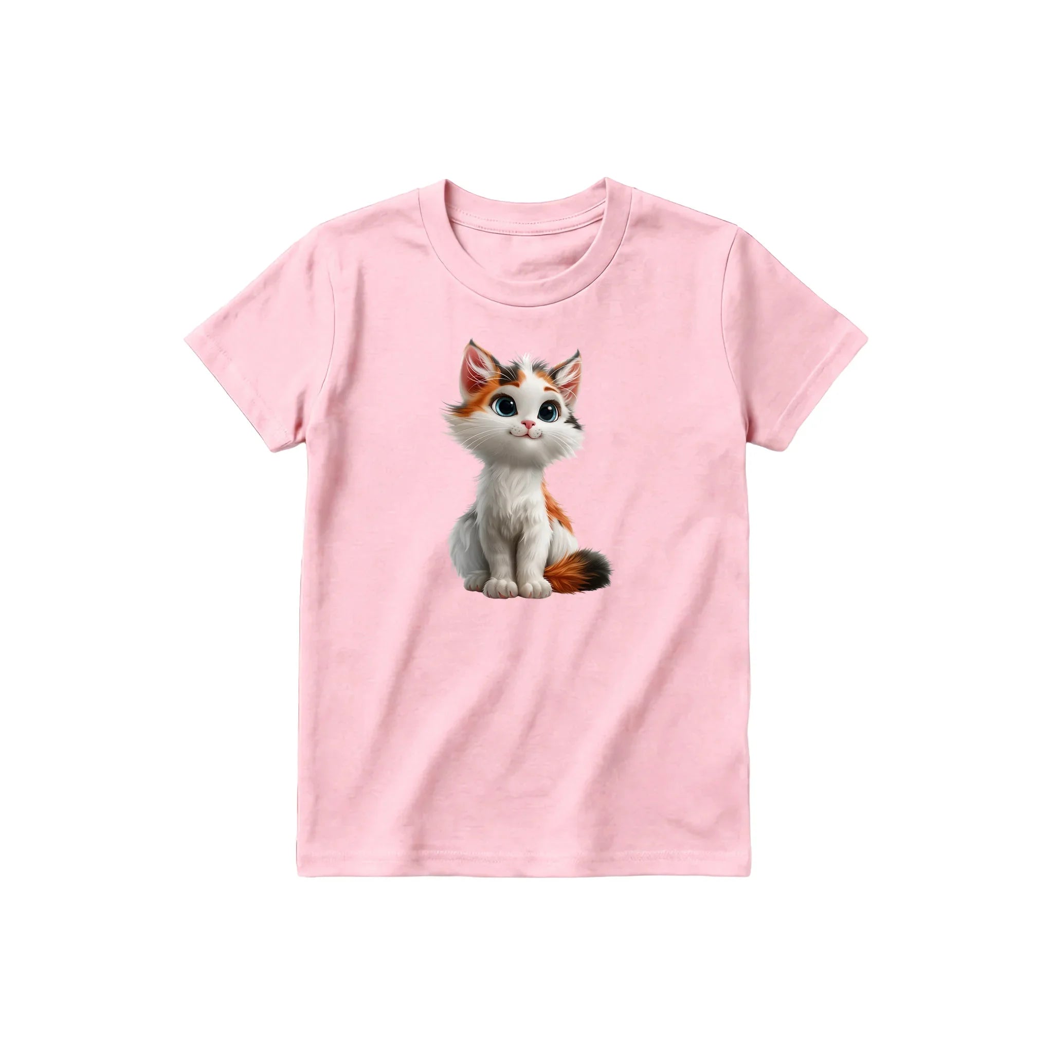 Un T-shirt rose à manches courtes et col rond pour jeune, orné d'un motif représentant un chat sur le devant.