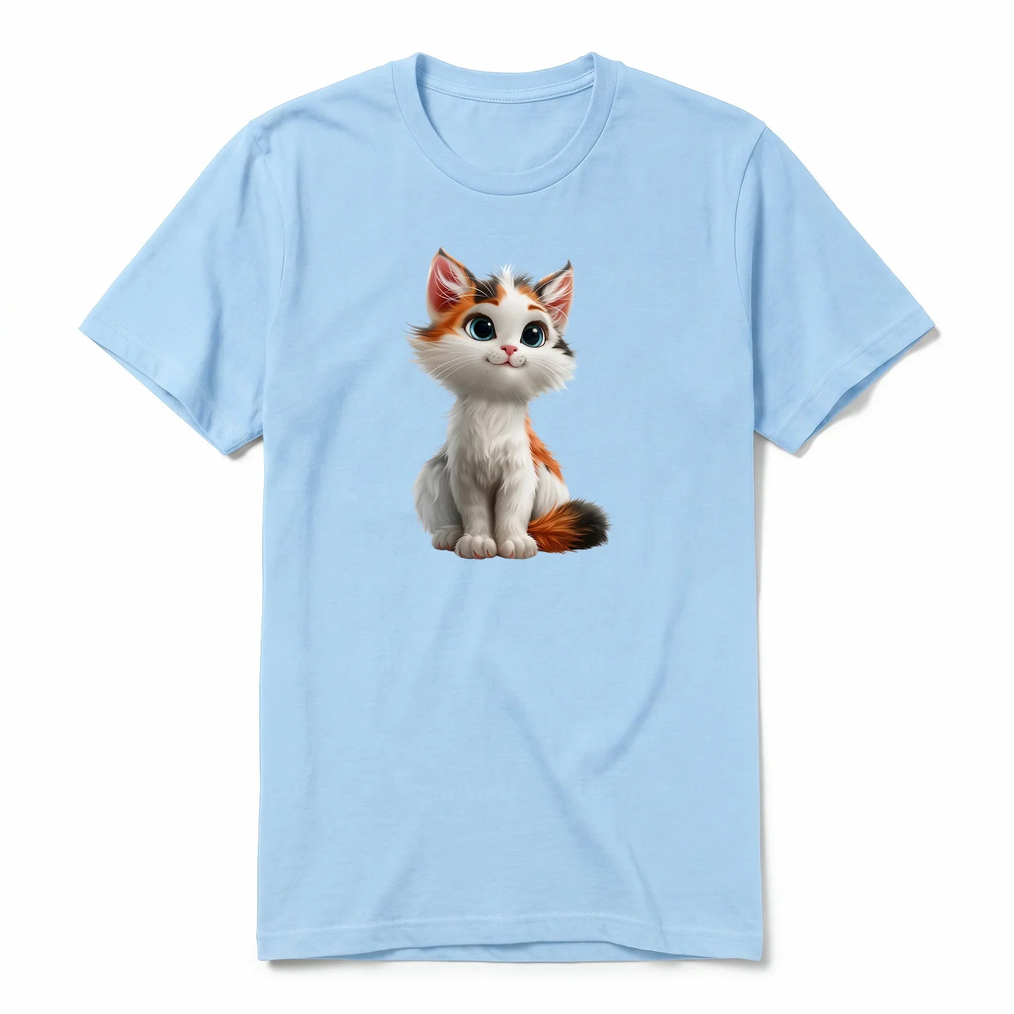 Un T-shirt poudre à manches courtes et col rond, orné d'un motif représentant un chat sur le devant.