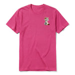 A raspberry short-sleeve crewneck t-shirt for adult featuring a graphic of a cat on the left chest.