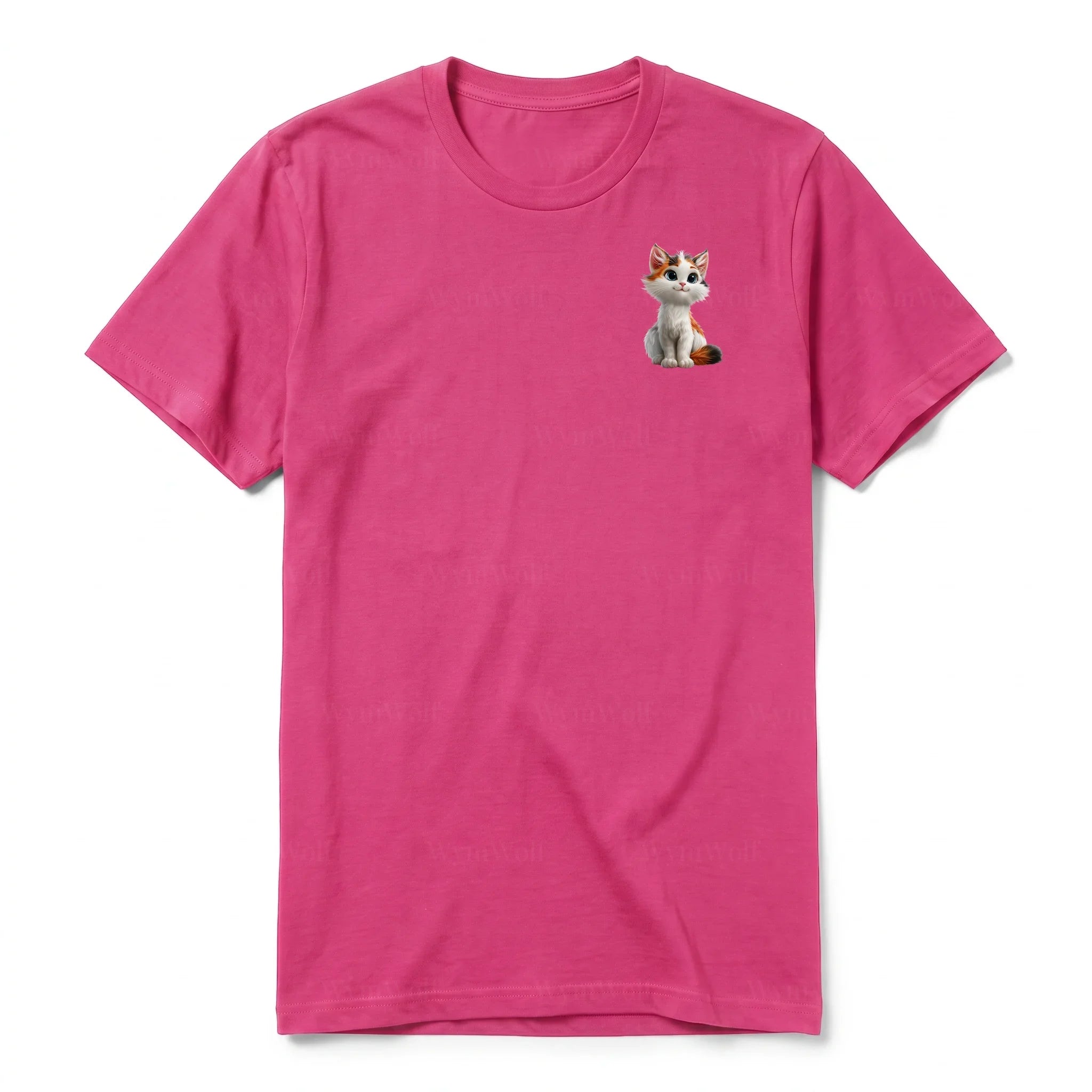 A raspberry short-sleeve crewneck t-shirt for adult featuring a graphic of a cat on the left chest.