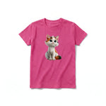 A raspberry short-sleeve crewneck t-shirt for youth featuring a graphic of a cat on the front.