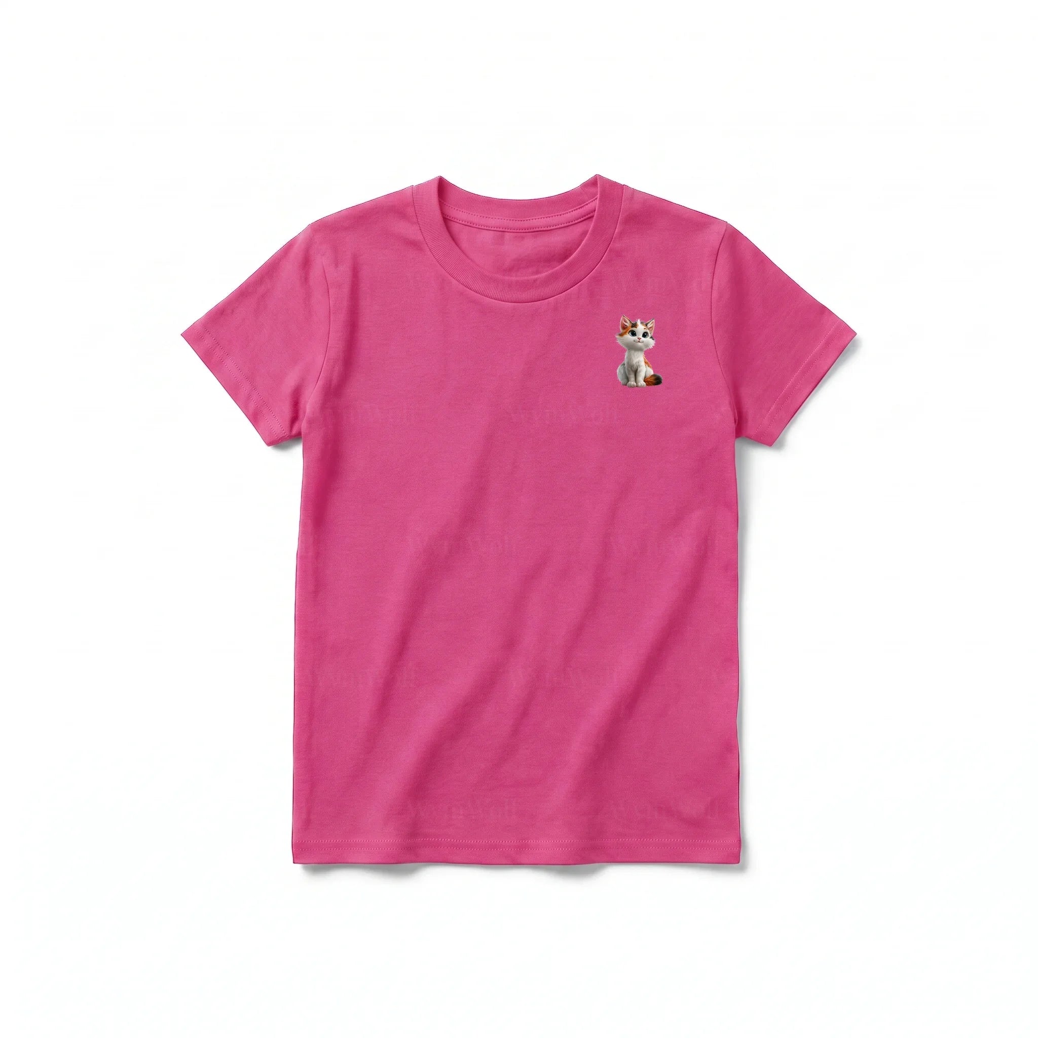 A raspberry short-sleeve crewneck t-shirt for youth featuring a graphic of a cat on the left chest.