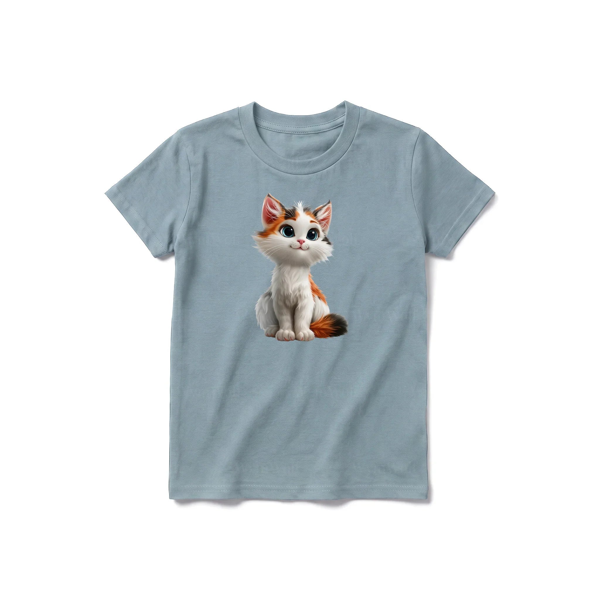 Un T-shirt sauge à manches courtes et col rond pour jeune, orné d'un motif représentant un chat sur le devant.