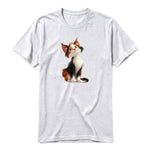 A ash grey short-sleeve crewneck t-shirt for adult featuring a graphic of a cat on the front.