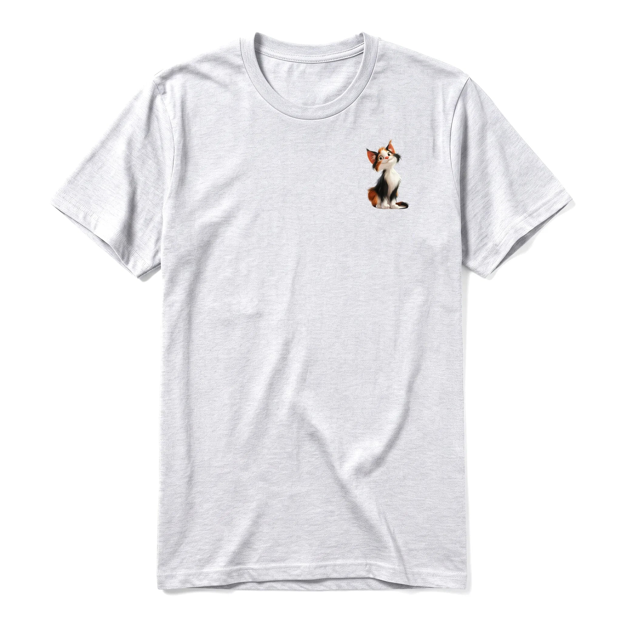 A ash grey short-sleeve crewneck t-shirt for adult featuring a graphic of a cat on the left chest.