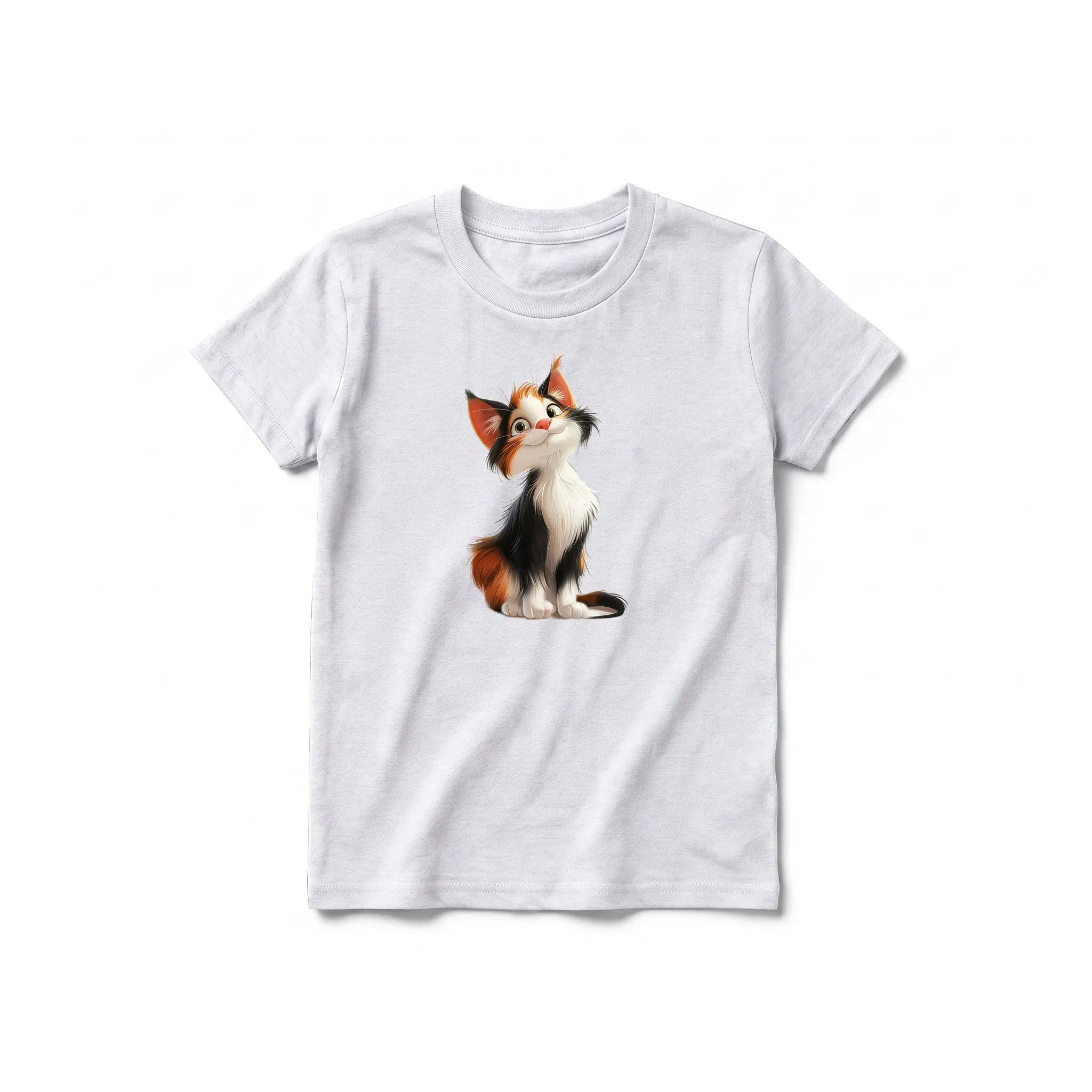A ash grey short-sleeve crewneck t-shirt for youth featuring a graphic of a cat on the front.