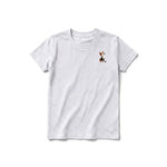 A ash grey short-sleeve crewneck t-shirt for youth featuring a graphic of a cat on the left chest.