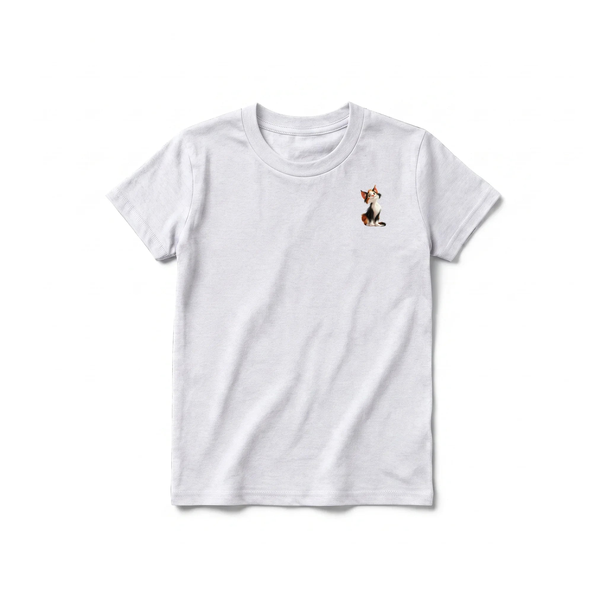 A ash grey short-sleeve crewneck t-shirt for youth featuring a graphic of a cat on the left chest.