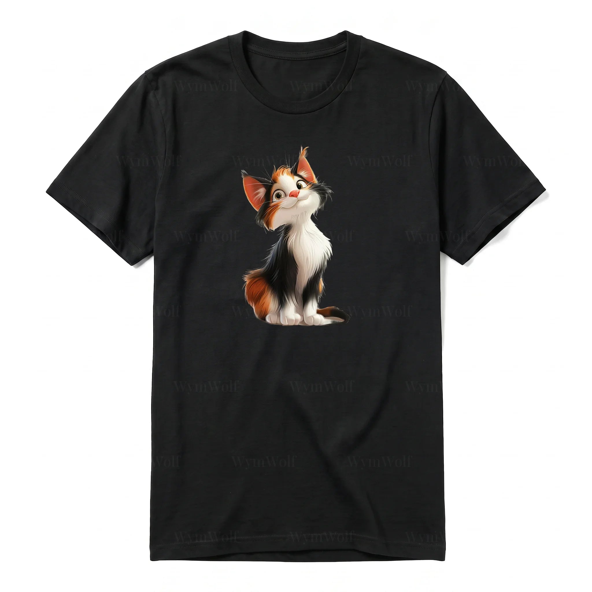 Un T-shirt noir à manches courtes et col rond, orné d'un motif représentant un chat sur le devant.