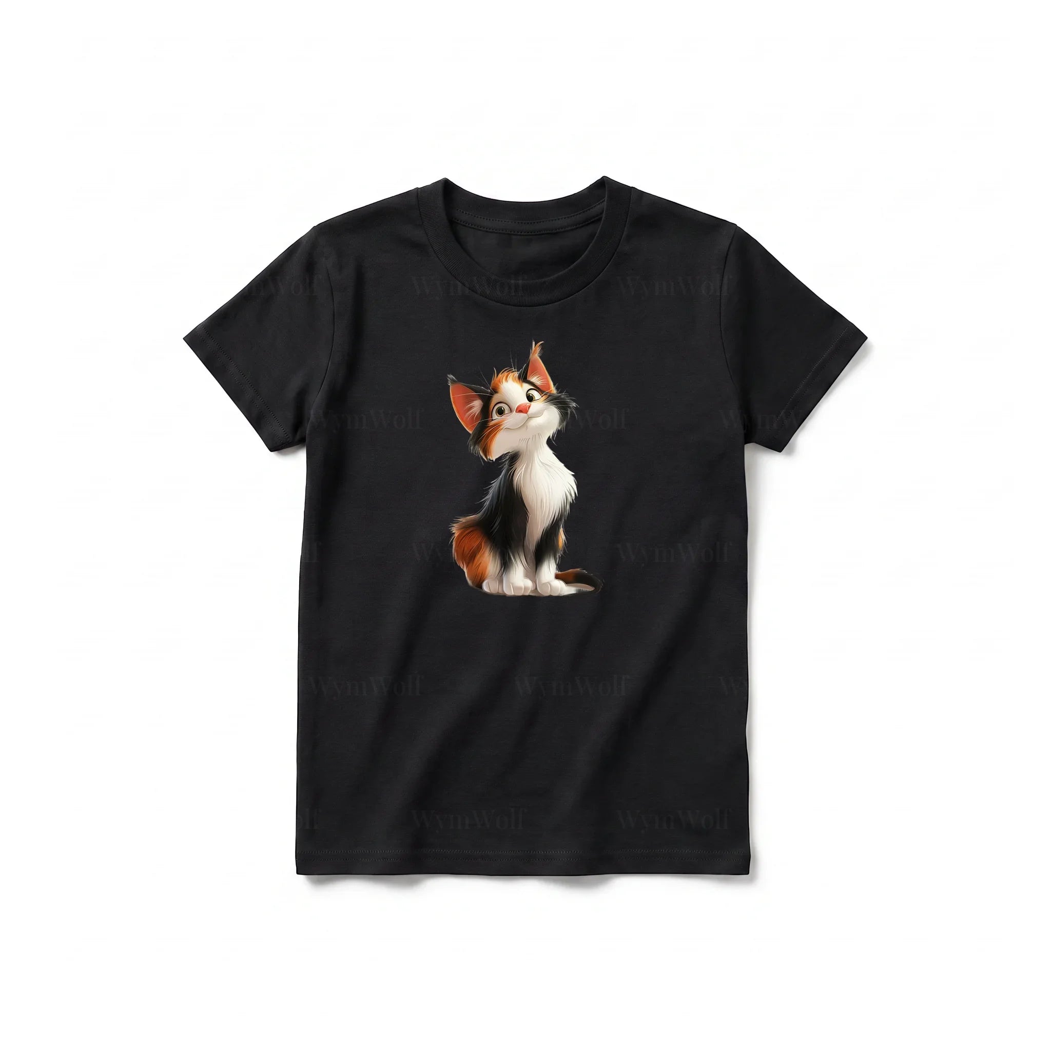 Un T-shirt noir à manches courtes et col rond pour jeune, orné d'un motif représentant un chat sur le devant.